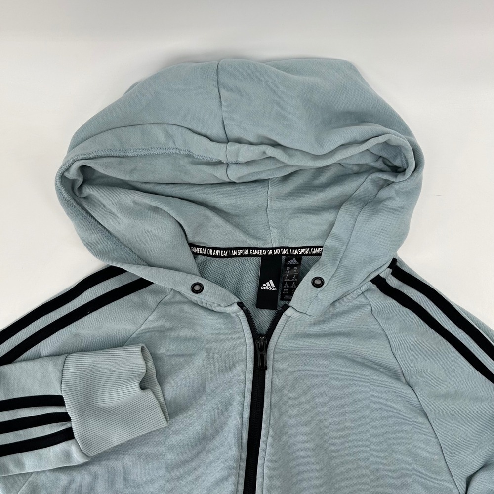 Adidas Full Zip Hoodie Womens XS Light Blue 3-Stripe Cropped French Terry Sporty